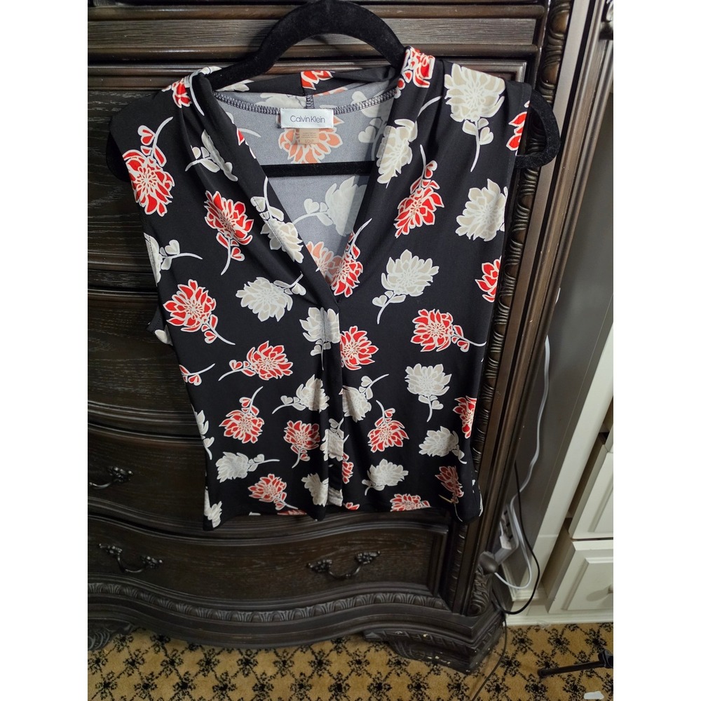 Calvin Klein Womens Floral Sleeveless V-Neck‎ Blouse Black Red Cream Small